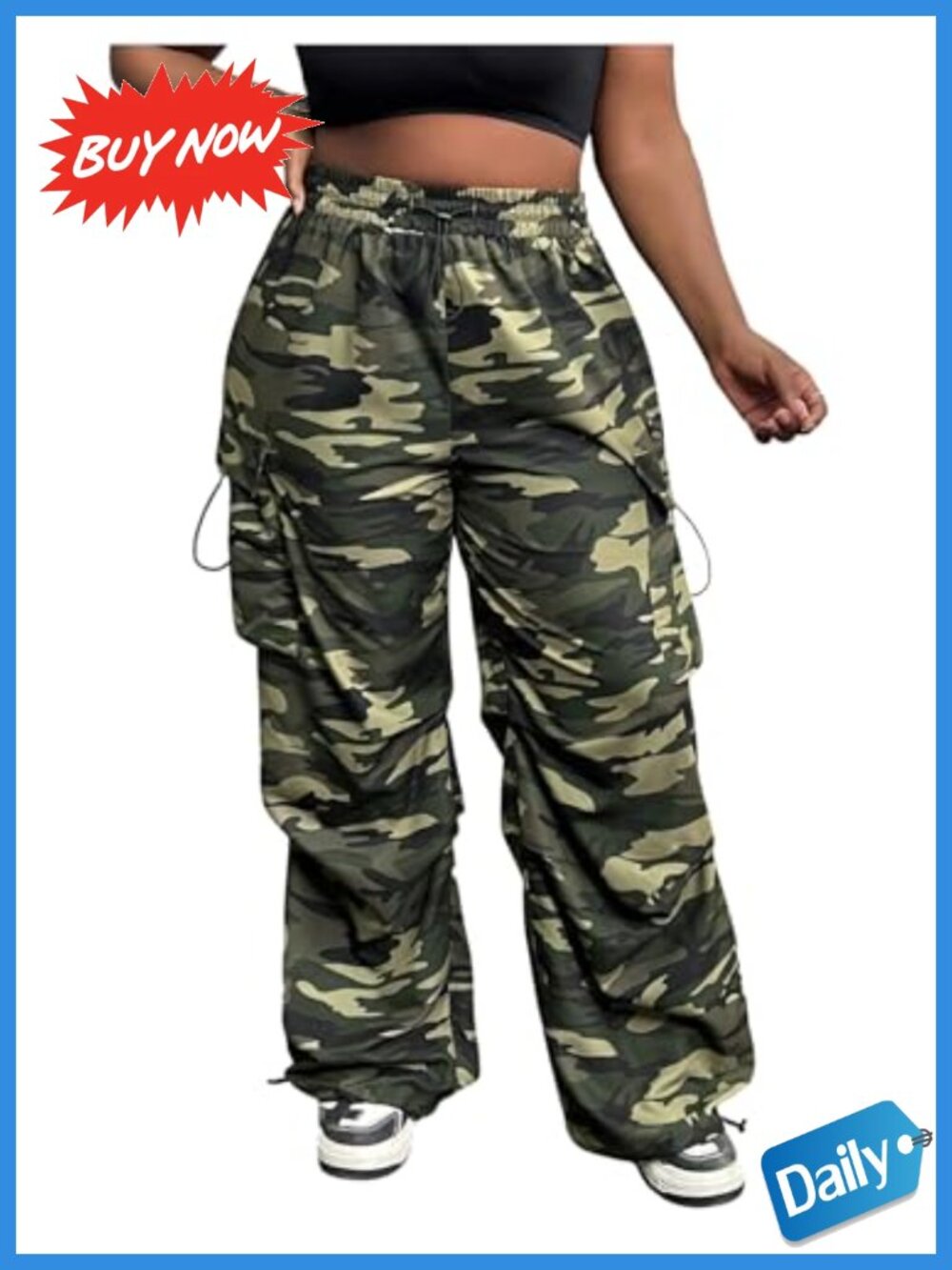 Plus Size Camo Cargo Pants Elastic Waist Wide Leg Trousers Streetwear